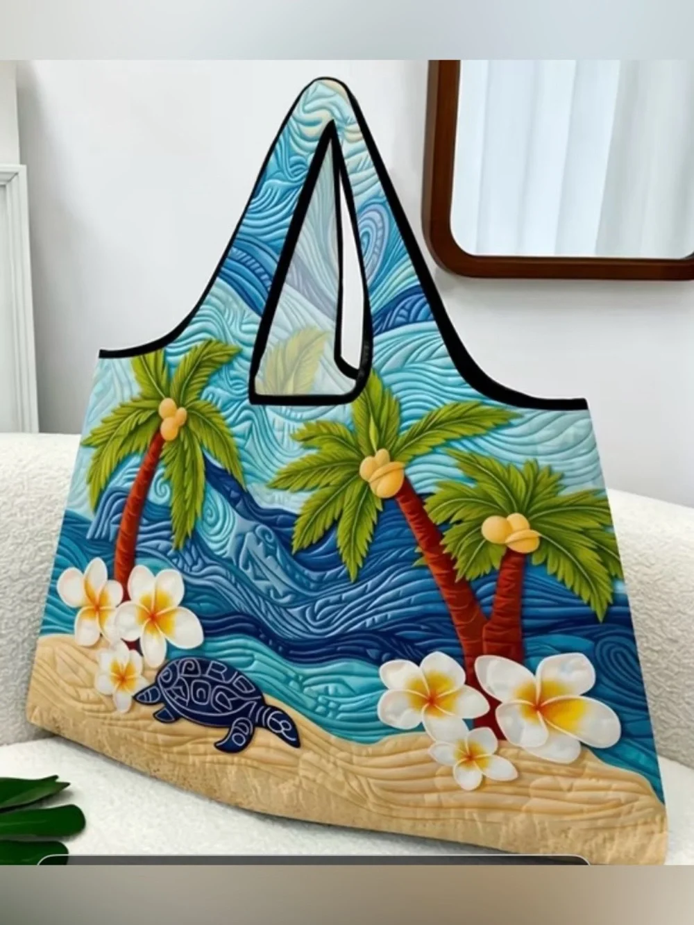 Tropical Beach Palm Quilted Print Tote Bag - Blue